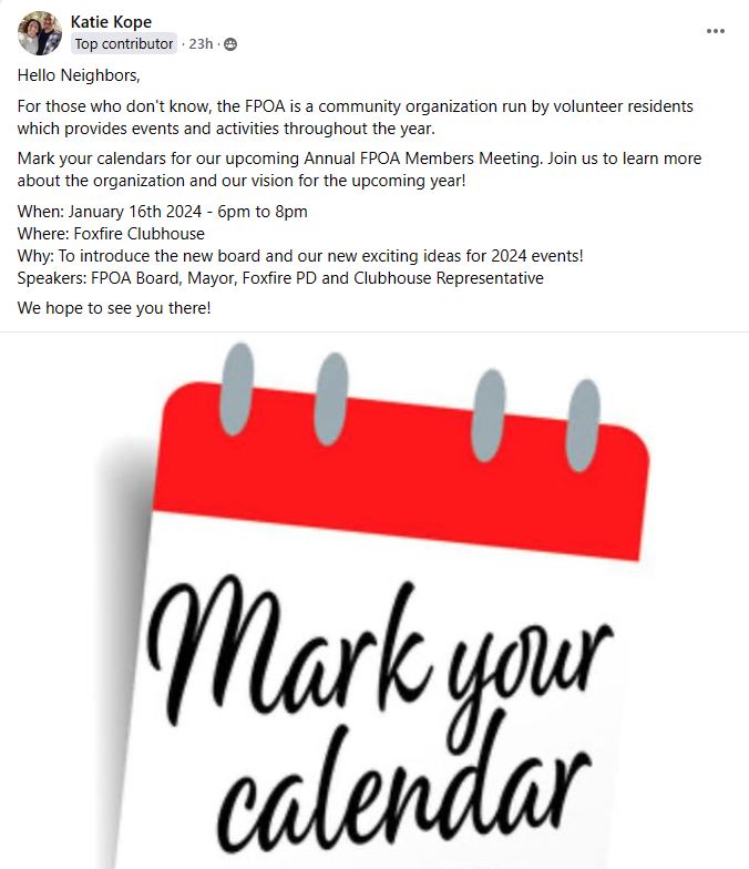 Annual Foxfire Property Owners Association Meeting January 16th