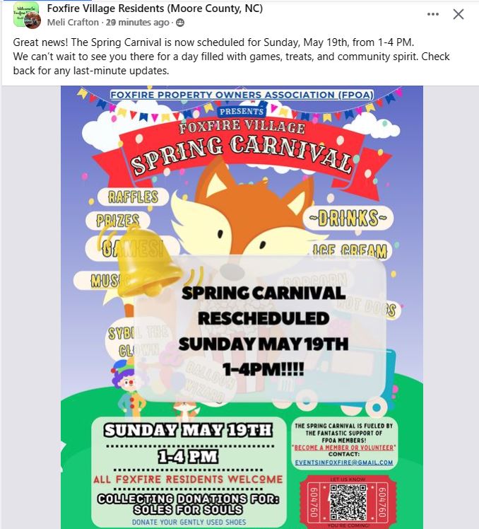 Spring Carnival Rescheduled to Sunday May 19th