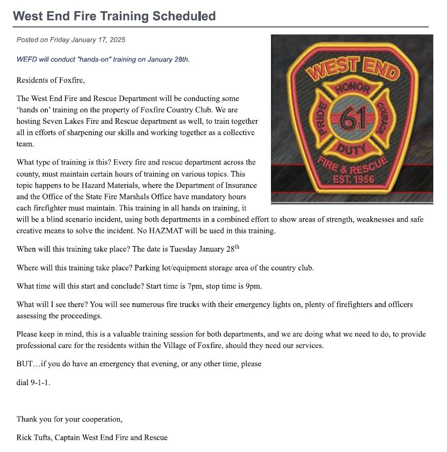 West End Fire Training at Foxfire CC