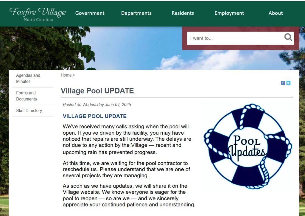 Pool update from Foxfire Village