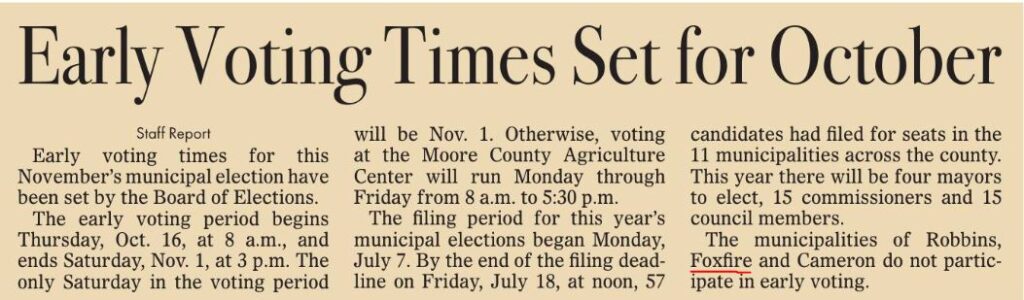 Foxfire Village does not participate in early voting