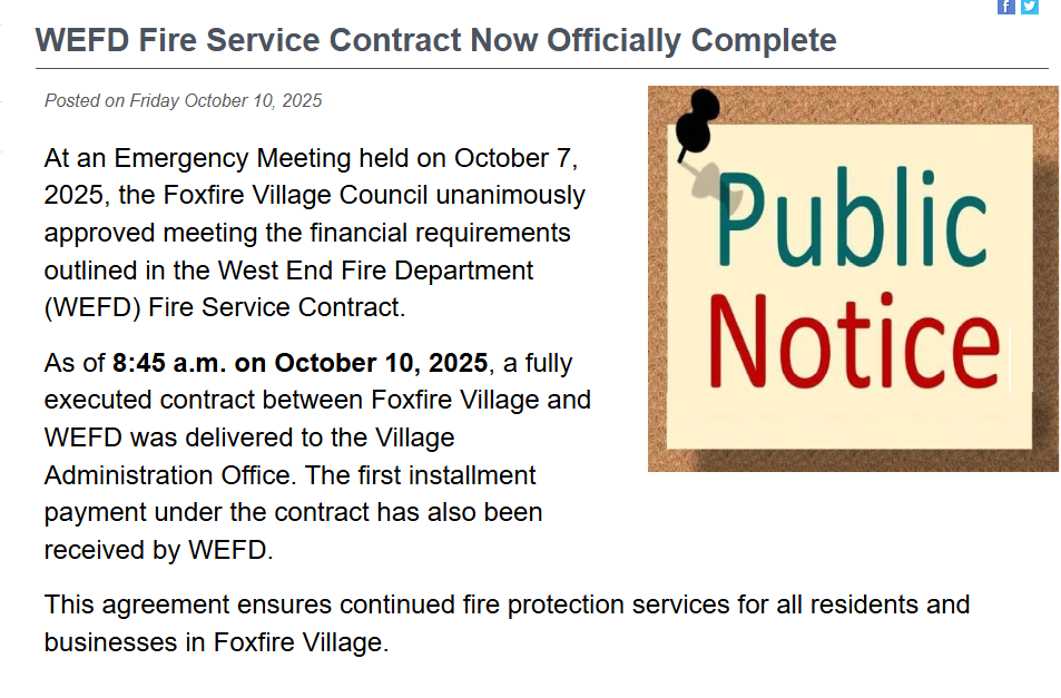 West End Fire Service Contract Now Officially Complete