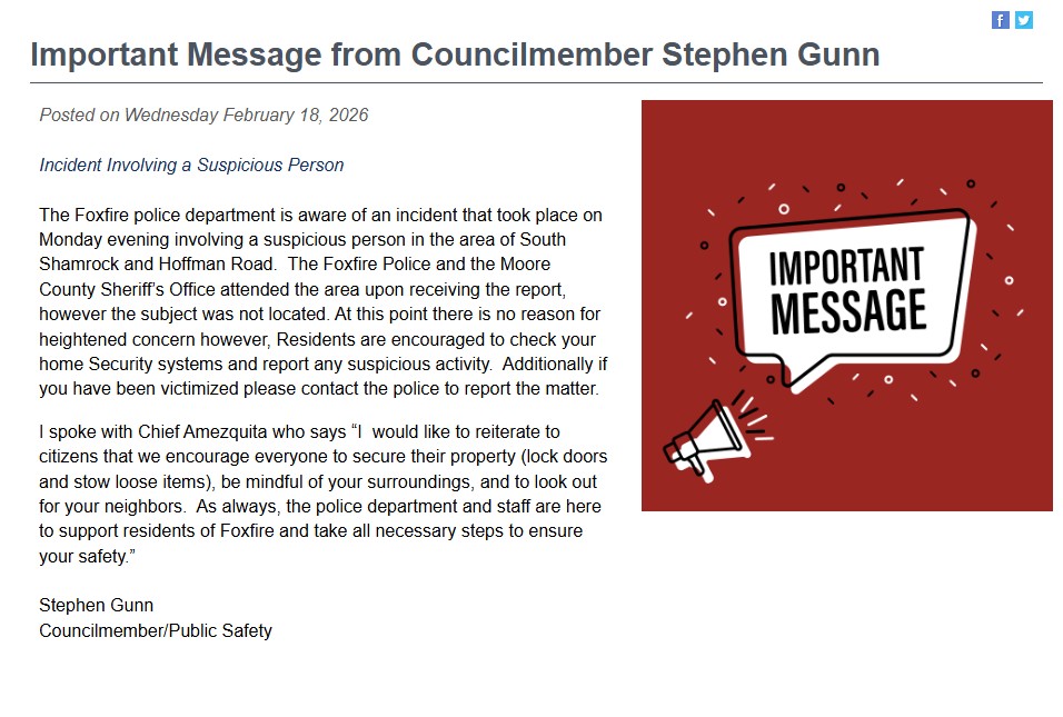 Incident From Foxfire Village Residents Facebook Page – unknown/ unidentified suspicious person walking around yard