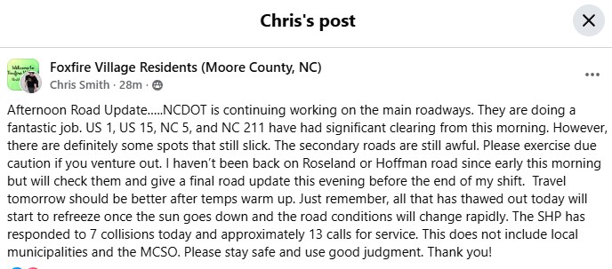 Road Update from Chris Smith – Foxfire resident and a Sergeant with the NC Highway Patrol