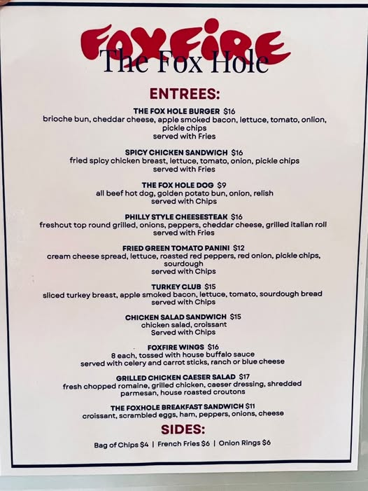 Menu – The Fox Hole Opening for the public will be this Wednesday