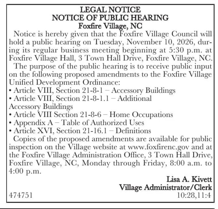 Notice of Public Hearing Foxfire Village